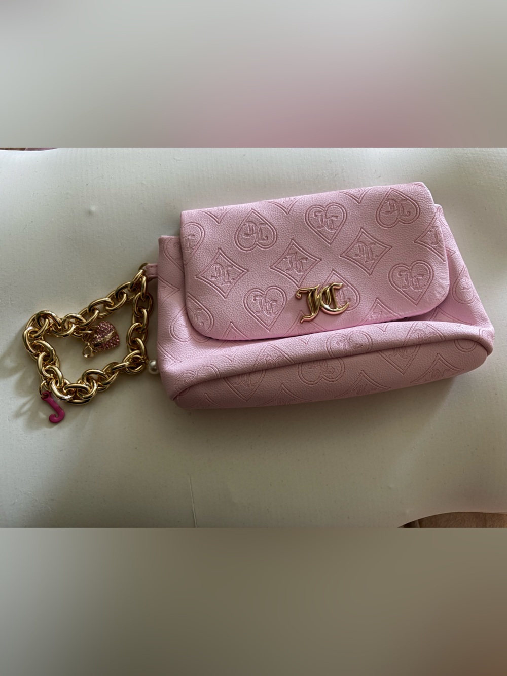 Juicy Couture Pink Embossed Logo Chain Clutch